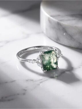 Silver Moss Agate Ring • Emerald Cut Engagement Ring Nature Inspired